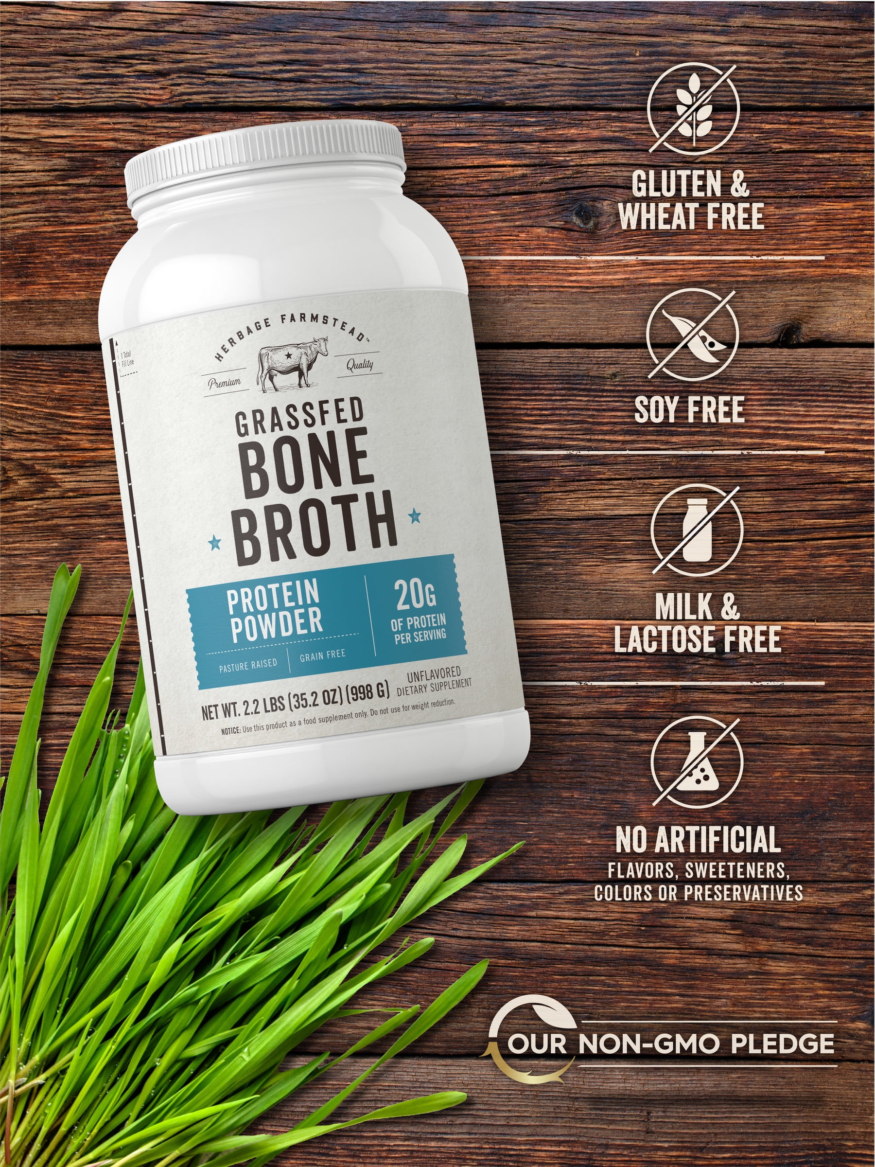 Grass Fed Bone Broth Protein Powder | 35.2 oz (2.2lb) | 20g Protein for Men and Women | Herbage Farmstead by Carlyle