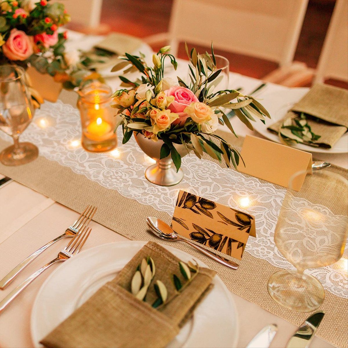 6 Pack Burlap Table Runner with LED Lights Lace Rustic Natural Boho Runner for Farmhouse Wedding Decor 12x108 Inches