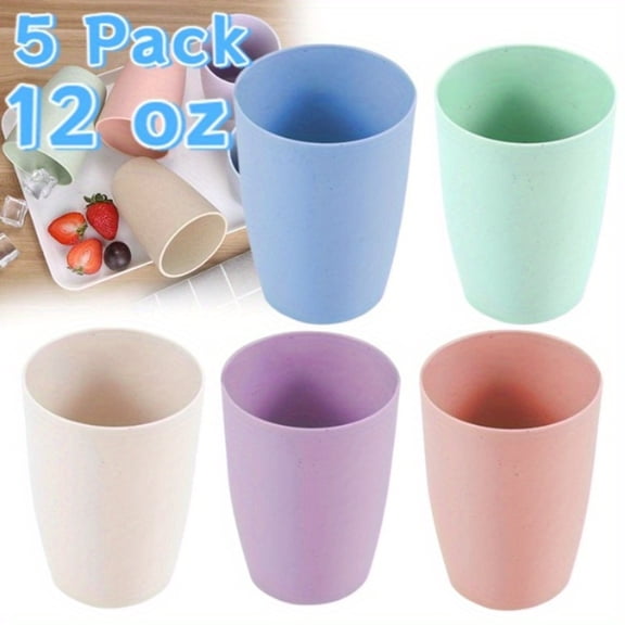 Family Set of 5 Wheat Straw Unbreakable Cups, 12 oz Reusable Drinking Glasses Featuring Dishwasher Safety and BPA-Free Construction, Eco-Friendly Tumblers
