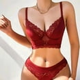 thumbnail image 3 of Conjunto de ropa interior con encaje floral y lazo festoneado decorativo para mujer - Rojo vino, 3 of 6
