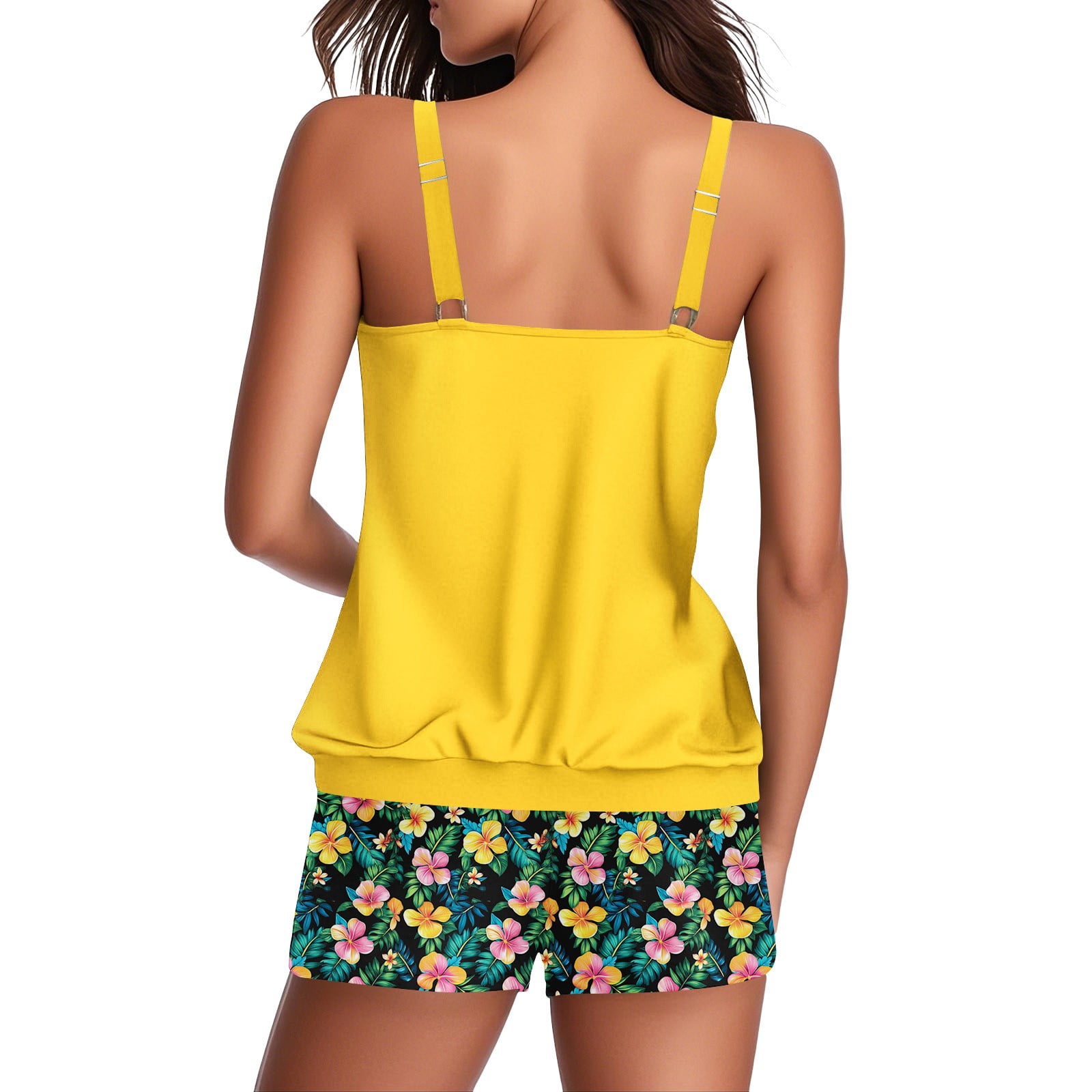 Jsaierl Women's Two Piece Tankini Bathing Suits Blouson Swim Tops Summer Print Swimwear Conservative Cute Modest Beachwear with Swim Shorts Tankini Swimsuits