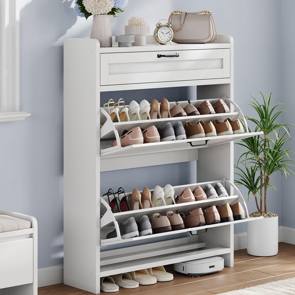 Garderth Shoe Cabinet With 2 Flip Drawers,Wood Shoe Storage Cabinet,Narrow Shoe Rack Cabinet With 1 Top Drawer,Hidden Shoe Rack With Adjustable Shelf,Freestanding Shoe Organizer For Entryway Hallway
