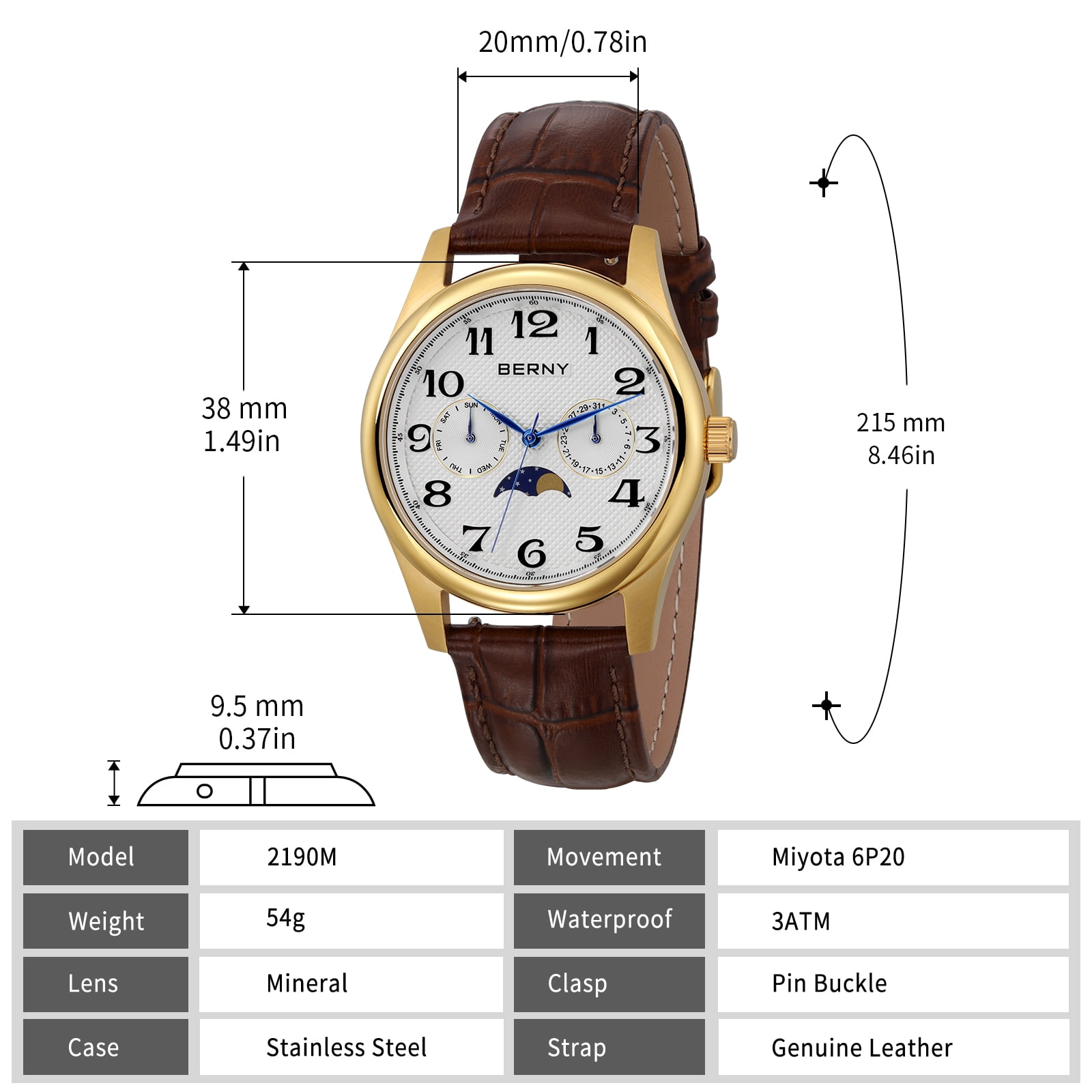 BERNY Dress Watches for Men, MultiFunction Leather Watch with Moon Phase, Day & Date Calendar, Stainless Steel Case, Easy to Read, Waterproof, Classic Analog Quartz Wrist Watch (Gold)