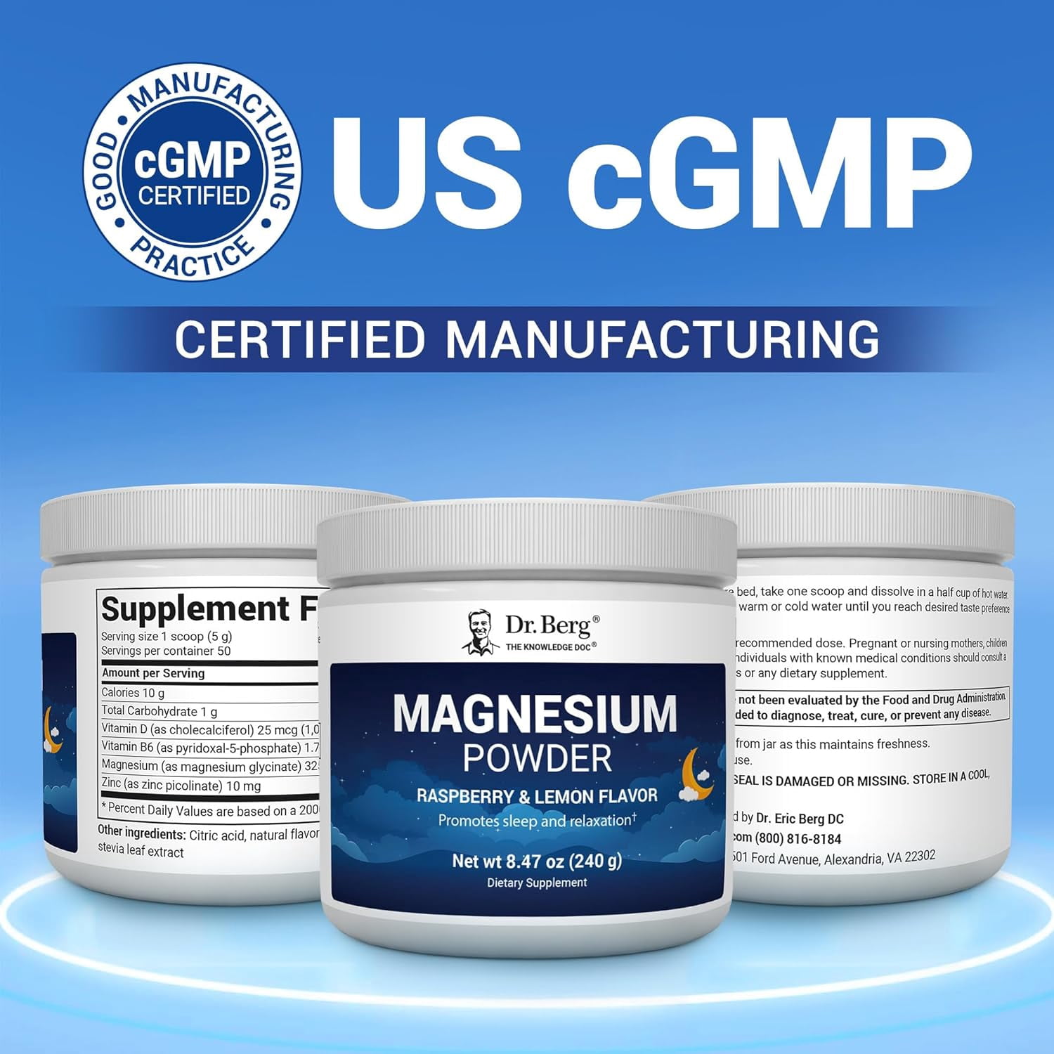 Dr. Berg Magnesium Glycinate Powder - Stress Relief, Mood & Sleep Support with Vitamin D, B6 & Zinc, 50 servings