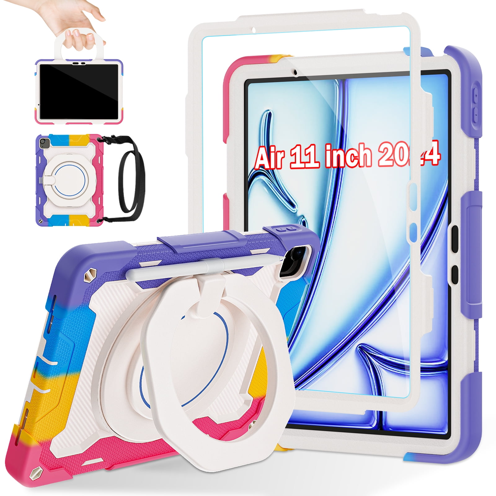 ROISKIN for iPad Air 11 inch Case (M3 2025/M2 2024)/ Air 6th Generation for Kids with HD Screen Protector, 360 Rotating Kickstand, Shoulder Strap, Pen Holder, Heavy Duty Military Case for iPad Air 11