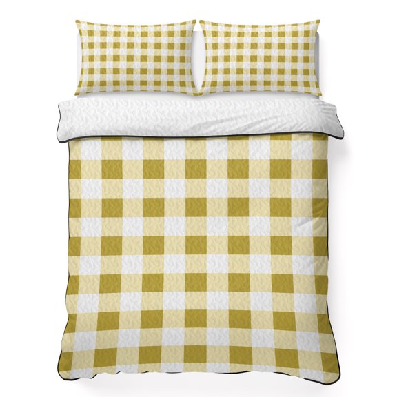 King Quilt Bedding Set, Gradient Yellow White Checkered Plaid 3 Piece Bedding Set Lightweight Breathable Quilt with 2 Pillow Shams, Abstract Art Soft Microfiber Summer Comforter for Hot Sleepers