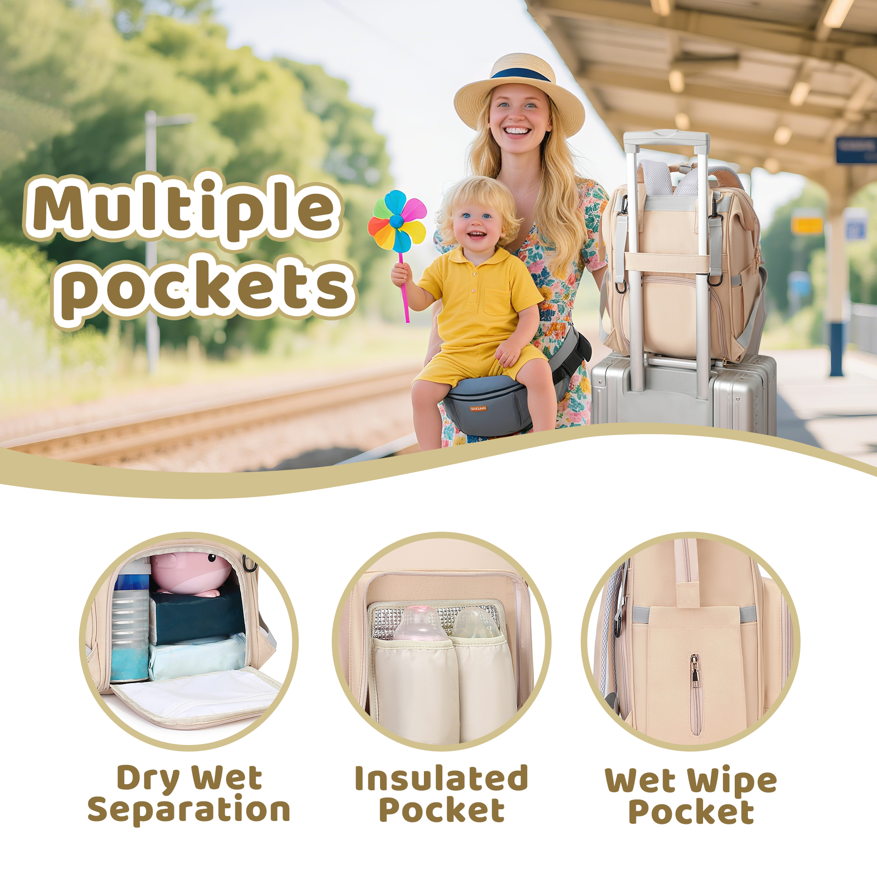 stillithou Diaper Bag Backpack for Women, Large Capacity Baby Diaper Backpack with Wet Dry Pockets, Stroller Straps & Insulated Pockets - Travel Daily Use Shopping, Khaki