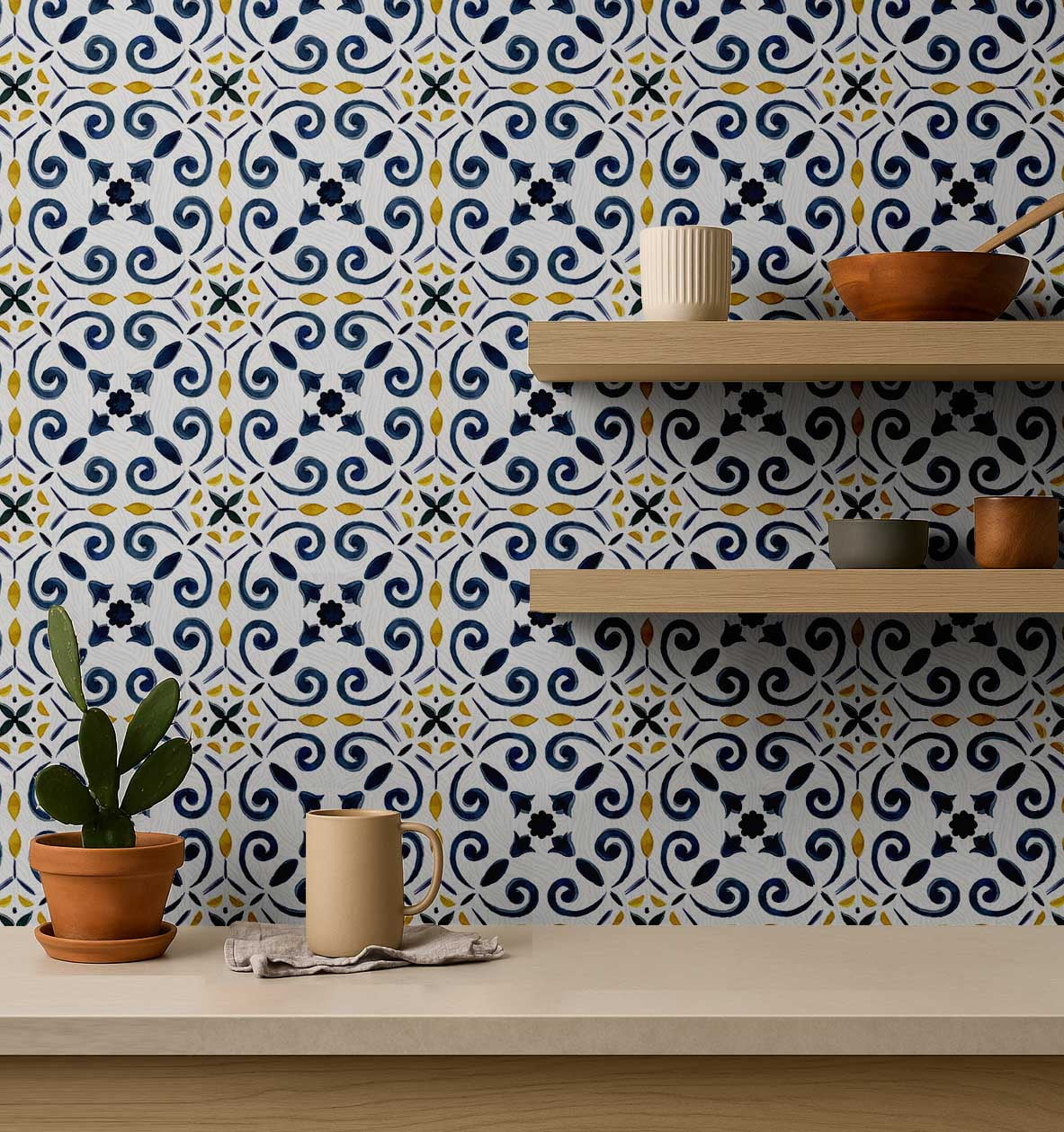 S4sassy Removable Vintage Style Waterproof Wall Wrap, Finish Mosaic Tile Wallcover, Scroll Tile Contact Paper for Backsplash, Kitchen, Self Adhesive Vinyl Wallpaper Roll - Blue - 25"x60"