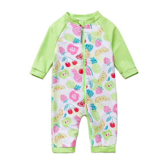 BONVERANO Baby Girls Swimsuit UPF 50  Sun Protection, Full-Length Zipper One Piece Swimwear, 3/4 Sleeve Toddler Bathing Suit （fruit 9-12months）