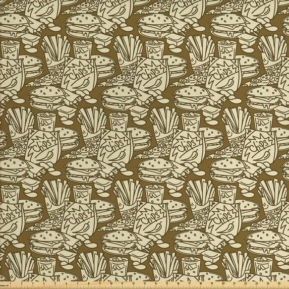 Food Upholstery Fabric by the Yard, Monochrome Pattern with Junk Food Chips Sugary Beverages Hamburgers Pizza Fries, Decorative Fabric for DIY and Home Accents, Fawn Grey Yellow by Ambesonne