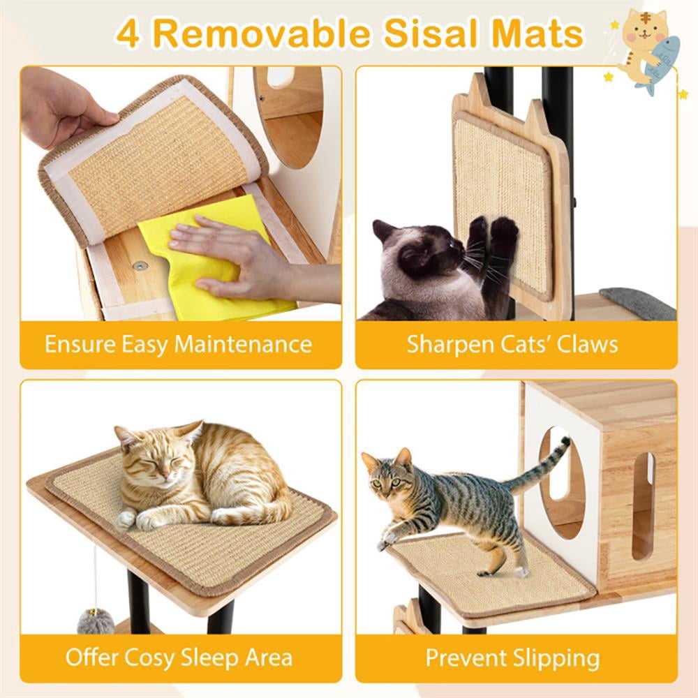 Resenkos Cat Scratching Tower,Cat Tree, Modern Tall Cat Tower with Double Condos with Dangling Balls and Sisal Carpets-Natural