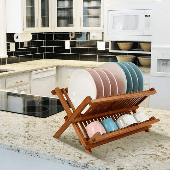 Teak Dish Drainer Rack Collapsible 2 Tier Dish Rack Dish Drying Rack Foldable Plate Organizer Holder for Kitchen Compact
