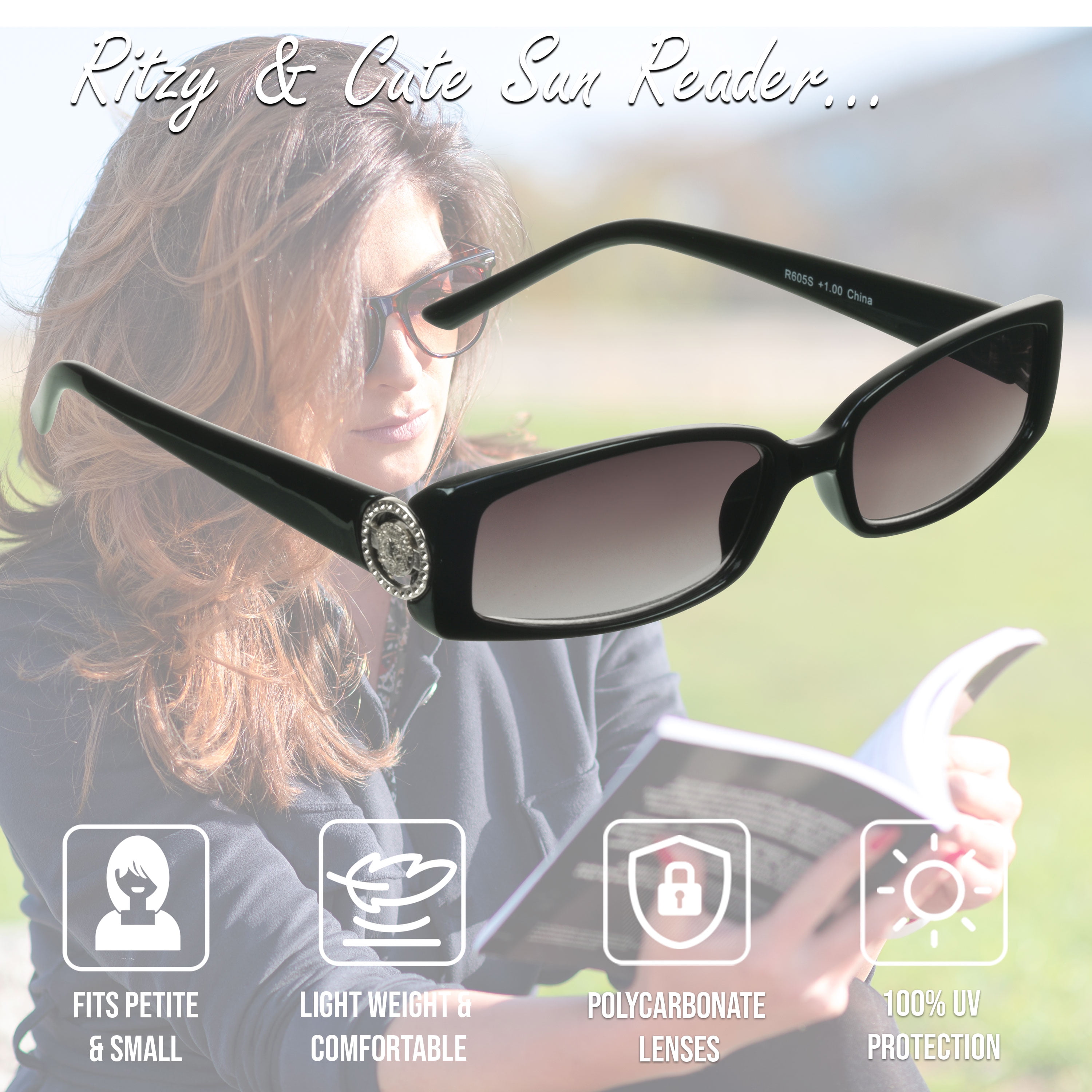 proSPORT Reading Sunglass Reader Rectangle Black Silver Frame Women NOT BIFOCAL