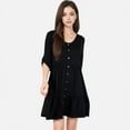 thumbnail image 2 of Women's V-Neck Button-Front Babydoll Dress with 3/4 Sleeves and Tiered Ruffle Hem - Large, Black, 2 of 7
