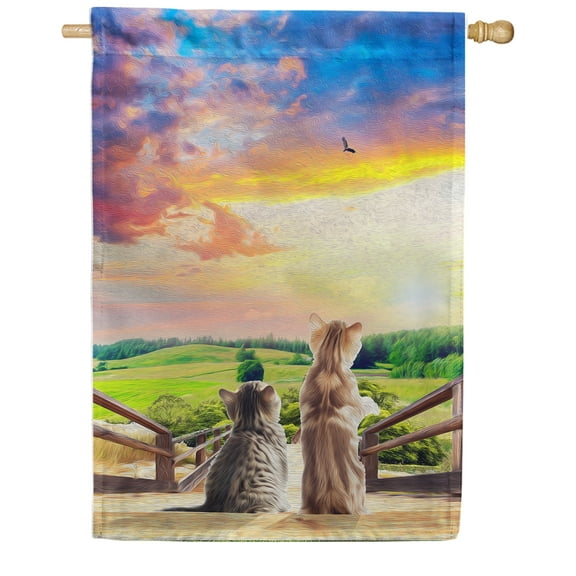 America Forever Summer Sunset Pals Tabby Cat House Flag 28 x 40 inches Cute Cats Kitten Spring Summer Sunset Landscape Double Sided Seasonal Yard Outdoor Decorative Flag