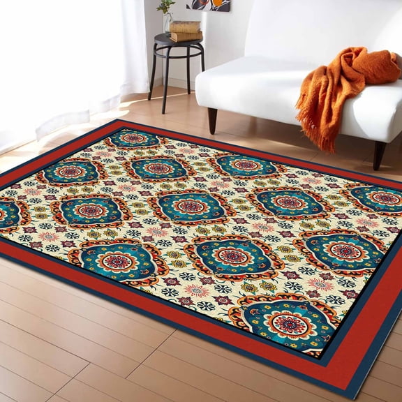 Area Rug 2'x3' Blue Floral Pattern Vintage Ethnic Style Washable Area Rugs Non Shedding Floor Carpet Rubber Backing Non-Slip Indoor Mats for Living Room Bedroom Kitchen