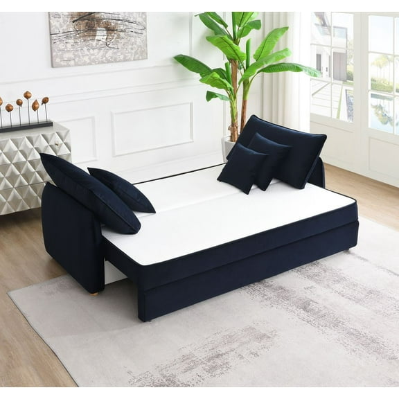 ACME Irina Velvet Fabric Upholstered Sofa with Sleeper and 3 Pillows in Blue