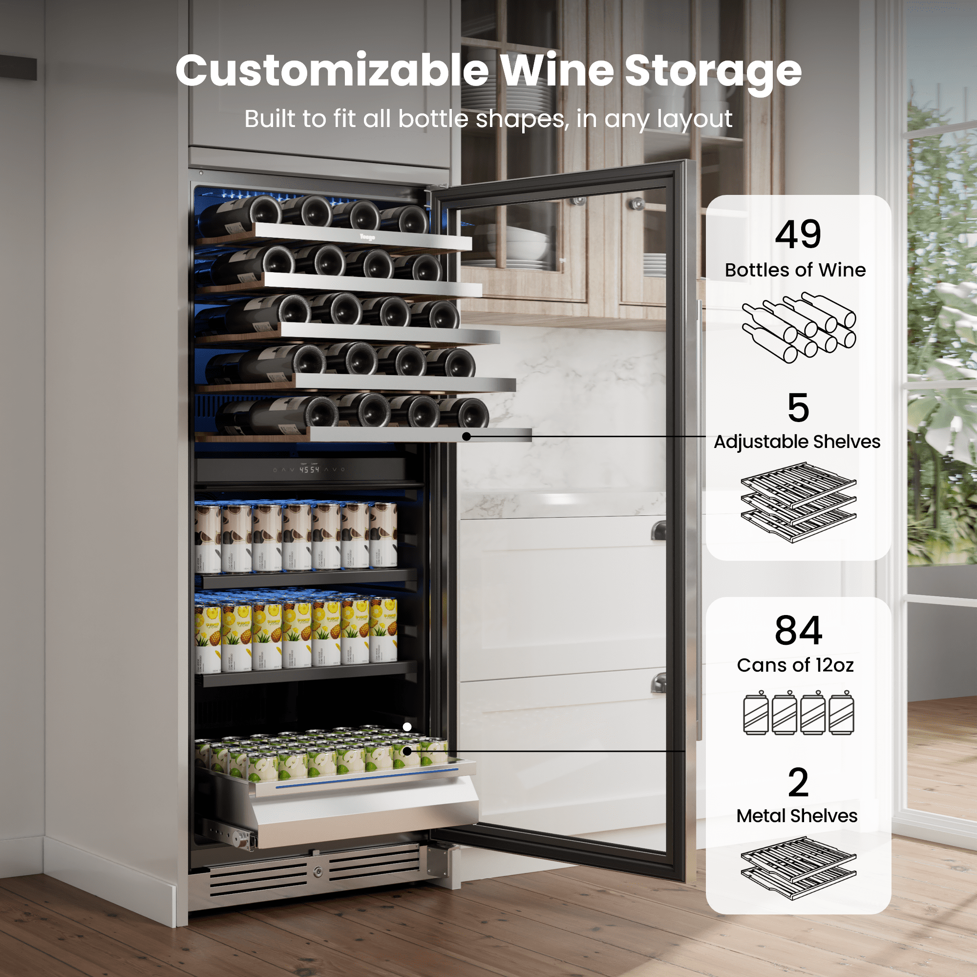 Yeego 24 Inch Wine and Beverage Refrigerator, Built-In Dual Zone Holds 40 Bottles & 112 Cans Full Size Fridge for Home, Bar, Office(Right-Opening)