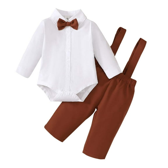 Kucnuzki 12 Months Newborn Baby Boy Winter Outfits Pants Sets 18 Months Long Sleeve Casual Gentle One-Piece Shirt Suspender Overall Pants 2PCS Set Khaki