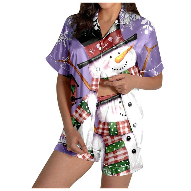 Wyzesi Womens Robes Ladies' Christmas Printed Silk Satin Short Sleeve Button Sleepwear Set