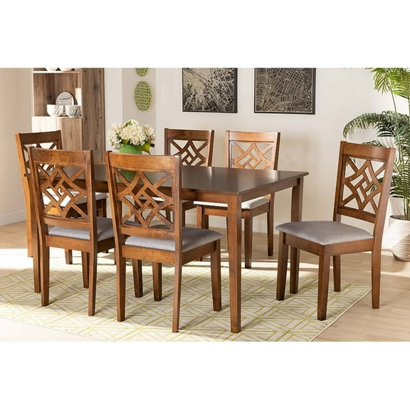 Baxton Studio Nicolette Modern and Contemporary Grey Fabric Upholstered and Walnut Brown Finished Wood 7-Piece Dining