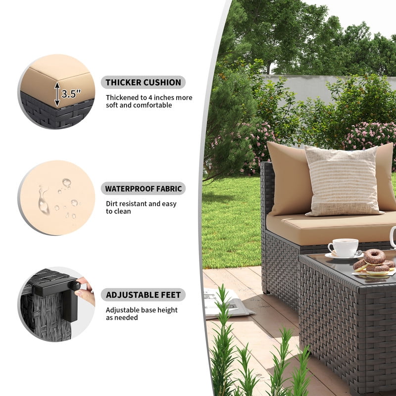ELPOSUN 7 Pieces Patio Furniture Set, Outdoor Furniture Sectional Rattan Sofa with Patio Couch for Backyard Garden Khaki