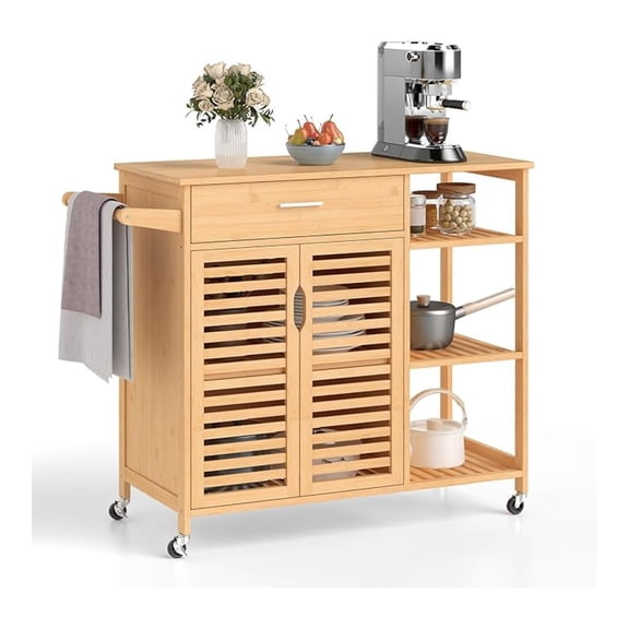 Bamboo Kitchen Island Cart, Mobile Serving Cart with Drawer, 2-Door Storage Cabinet, 3-Tier Shelves & , Rolling Utility Trolley for Dining Room (Natural)