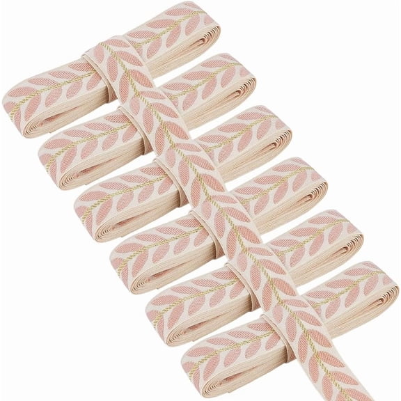 6 Rolls 1 Inch Pink Jacquard Embroidered Ribbon Leaf Pattern Boho Embroidery Applique Ribbons Woven Fabric Trim Tape Bulk for DIY handcrafting