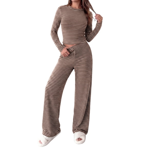 PRETTYGARDEN Women 2 Piece Striped Lounge Sets Soft Cozy Knit, Matching Airport Travel Outfits, Long Sleeve Shirts, Wide Leg Pants Pockets, Fall Winter Comfy Casual Clothes
