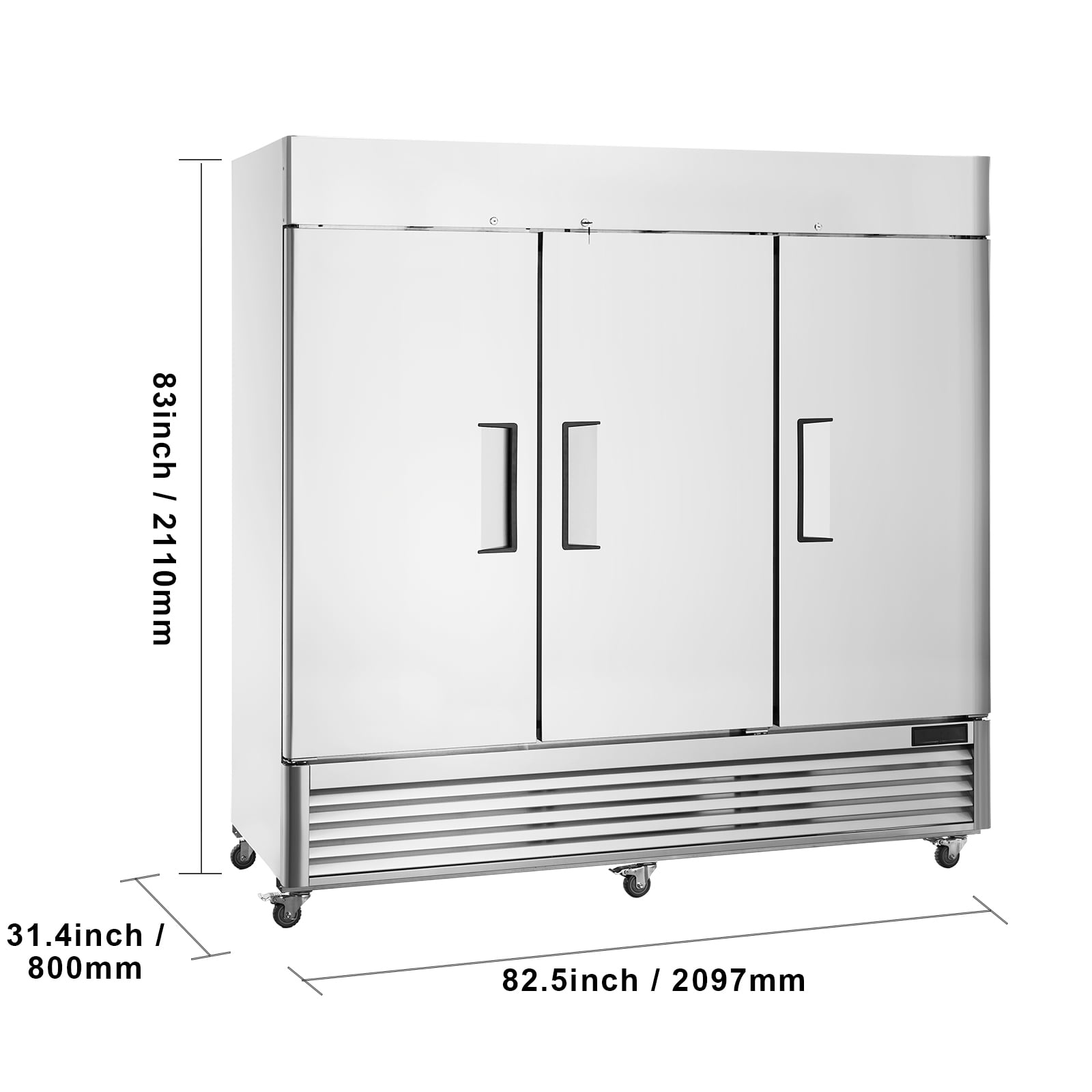 KFFKFF  60.42 Cu.ft Reach-In Refrigerator Commercial Upright Refrigerator 82.5" Wide with Triple Doors, Stainless Steel Auto-Defrost 12 Adjustable Shelves, Temperature Range -13 to 5℉