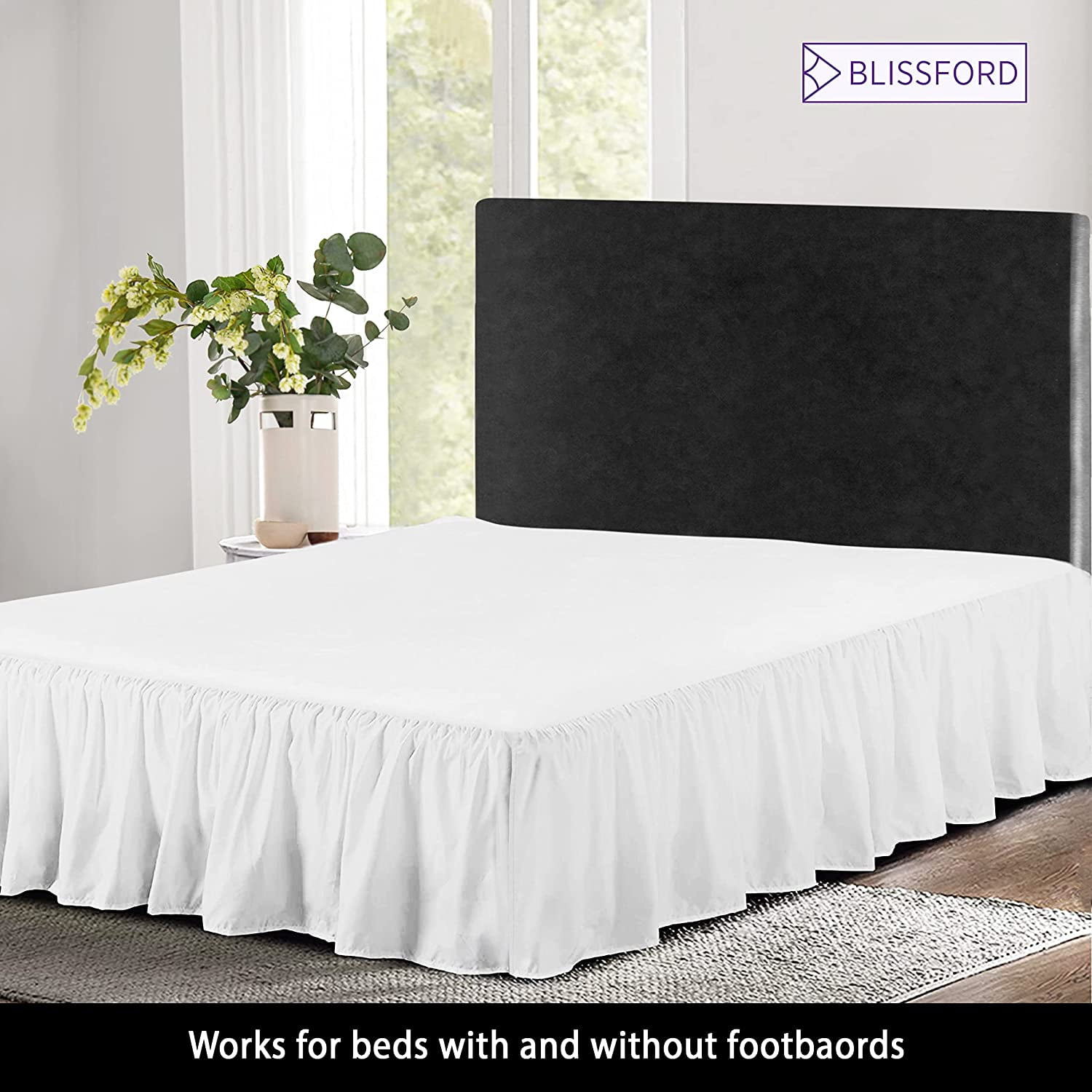 Ruffled Bed Skirt with Split Corners - Queen, White, 14 Inch Drop Cotton Blend Bedskirt - Blissford Dust Ruffle