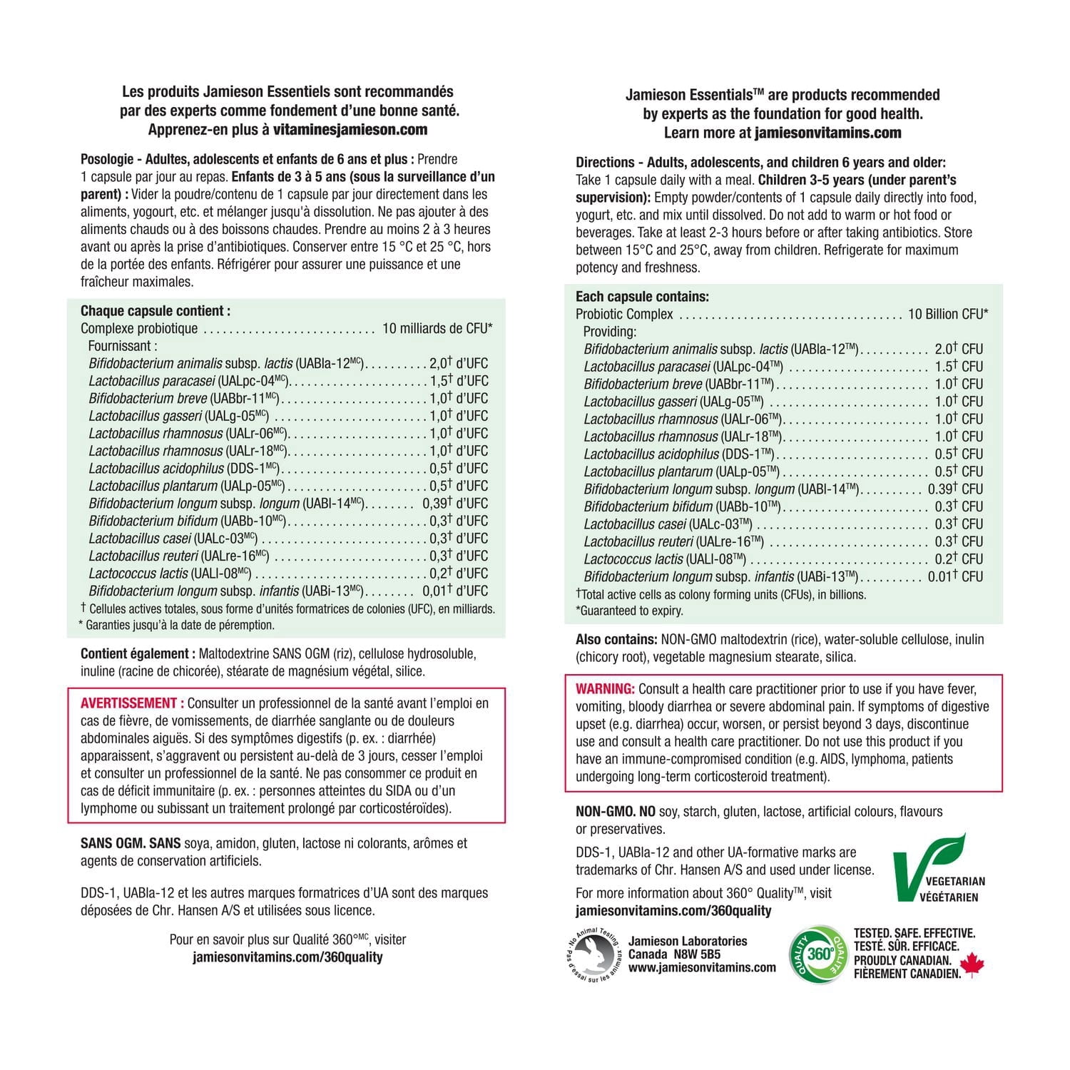 Jamieson capsules probiotiques, 10 milliards UFC, végétarien, 60 capsules