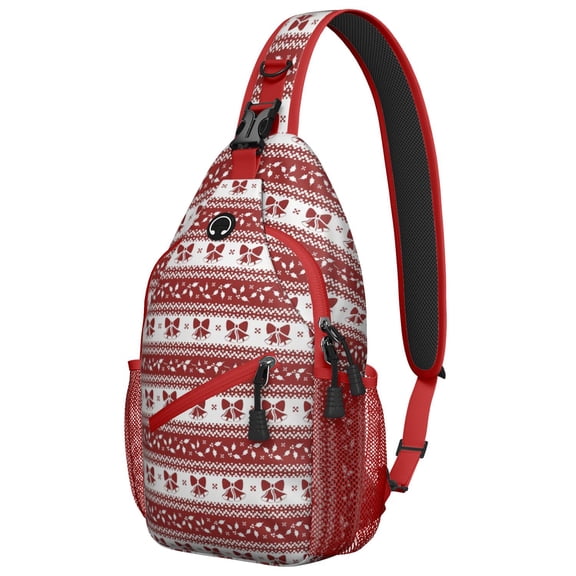 Sling Backpack,Red Christmas Knitted Pattern Sling Bag with Water Bottle Holder,Waterproof Sling Bag for Men/Women with Headphone Jack for Hiking,Travel