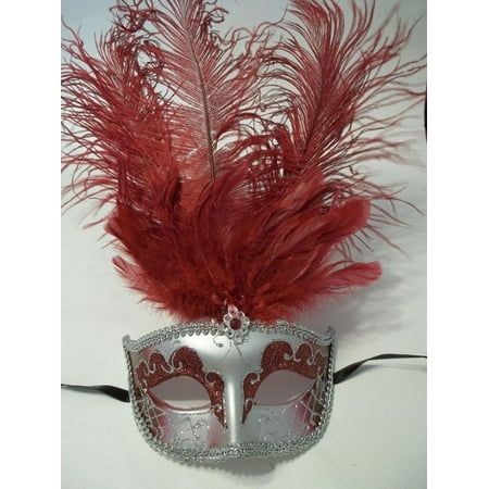 Dark Red Silver Mardi Gras Prom Venetian Feather Mask