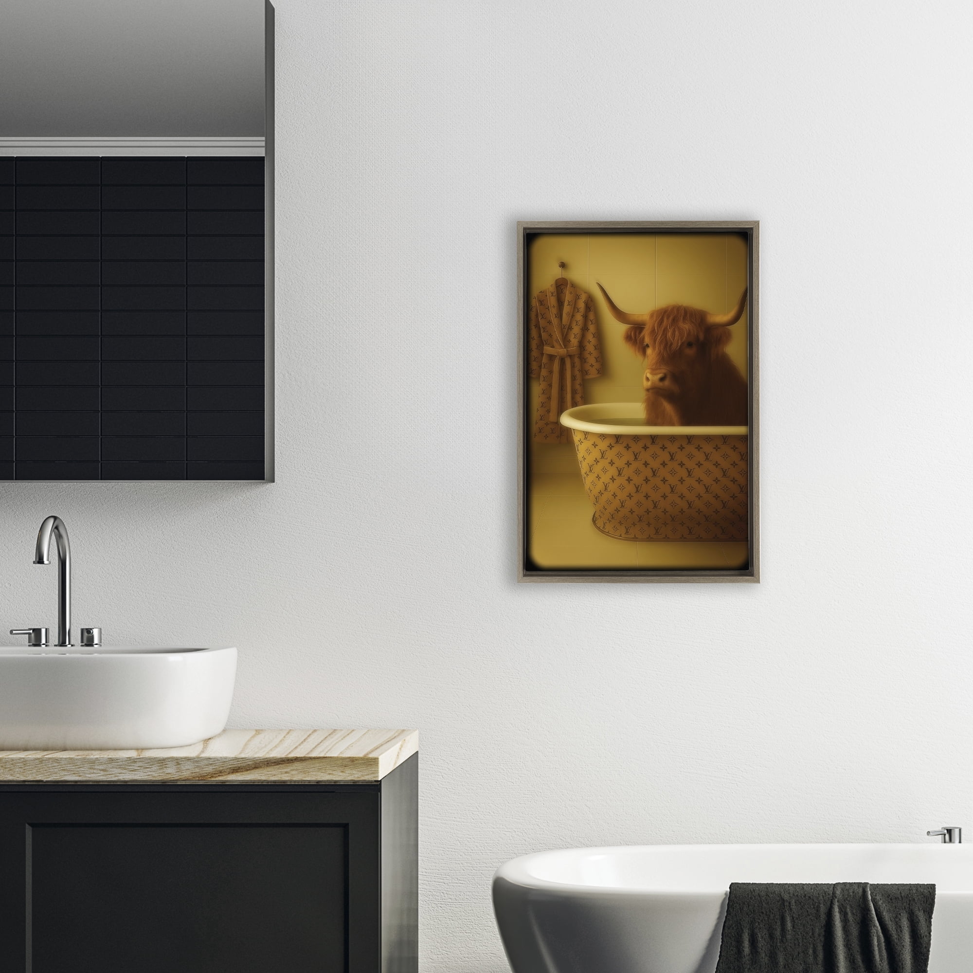 Stupell Industries Couture Highland in Luxury Tub Brown Framed Floater Canvas Wall Art, design by Grotto Studios