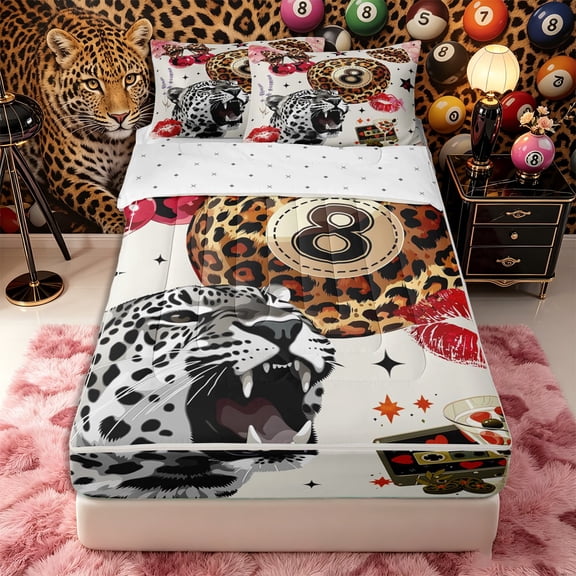 Castle Fairy Leopard Print Billiard Zipper Twin Comforter Sets with Fitted Sheet and 2 Pillowcases, Animal Cheetah Zipper Bedding Set, Black Red Brown,4-Piece