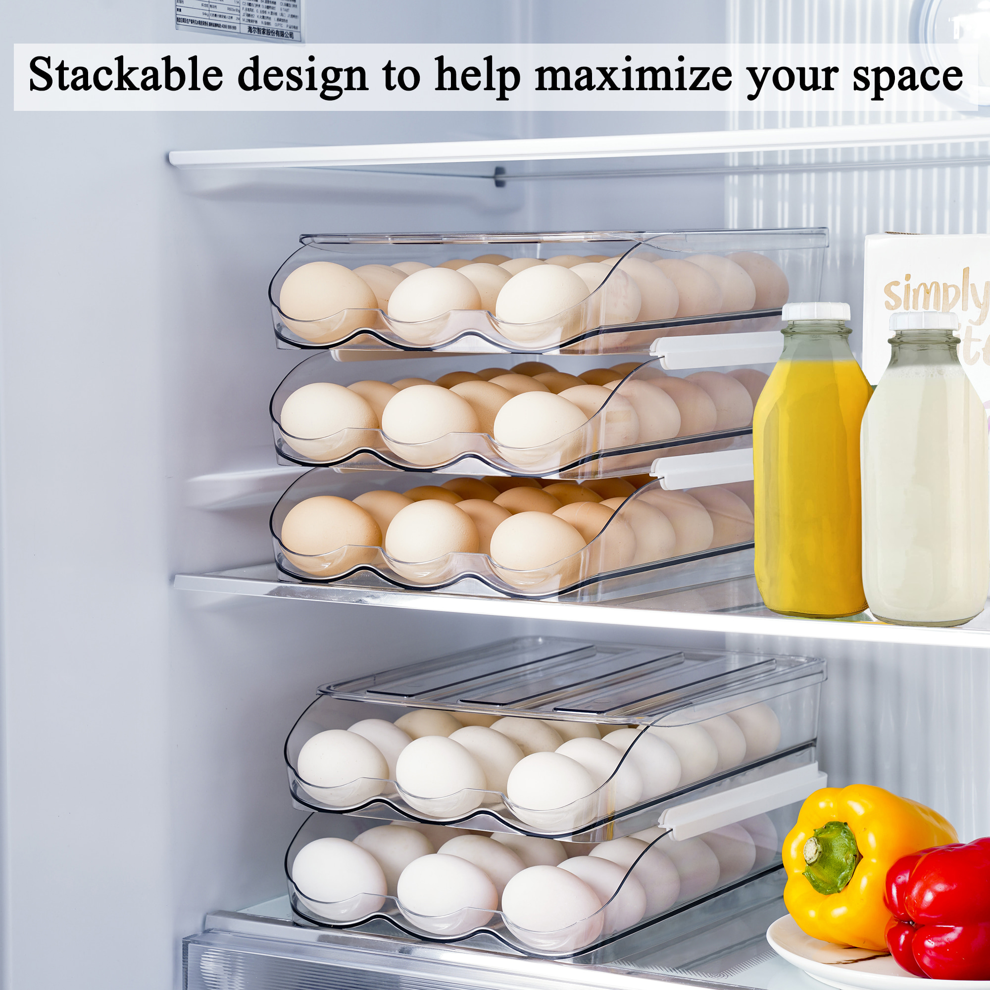 Amikdis Auto Rolling Egg Holder For Refrigerator Large Capacity Egg Container Organizer Tray Bins Stackable Fresh Storage Box For Fridge Plastic Clear(3 Layers)