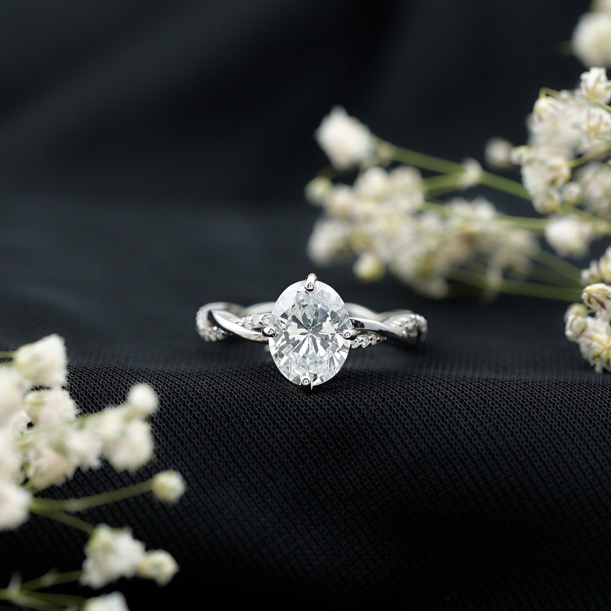 Rosec Jewels Certified Moissanite Oval Engagement Ring 2 Carat - Braided Ring for Women (7X9 mm, D-VS1 Quality), 10K White Gold, US 11.00