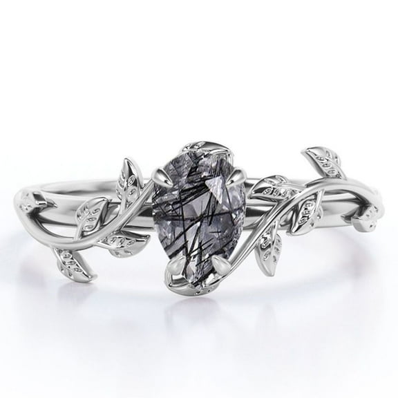 JeenMata Botanical Design - 1 Carat Pear Cut Black Needles Rutilated Quartz - 4 Prong Engagement Ring - 18K White Gold Plating over Silver