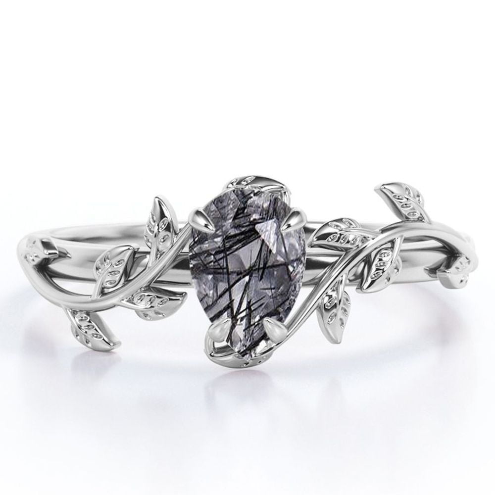 JeenMata Botanical Design - 1 Carat Pear Cut Black Needles Rutilated Quartz - 4 Prong Engagement Ring - 18K White Gold Plating over Silver
