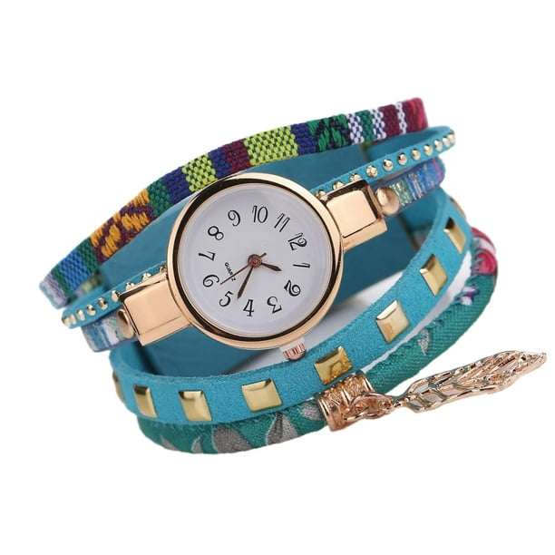 Bracelet Watch Women Bracelet Watch Dress Watch Duoya Women Leaf Pendant Multiple Layer Decoration Bracelet Wristwatch Dress Watch Sky Blue ANGGREK