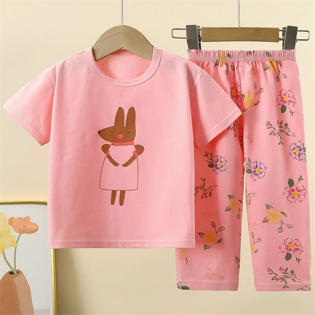 Ensemble de Pyjama pour Petites Filles, Imprimé d'Animaux de Dessin Animé, Chandail à Col Rond, Doux, Ensemble de Pyjama d'Été, Pyjamas pour Garçons, Taille 4T 5T