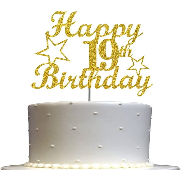 19 Birthday Cake Topper Gold Glitter, Party Decoration Ideas, Sturdy Doubled Sided Glitter, Acrylic Stick. Made in USA (19th)