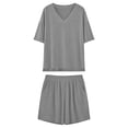 thumbnail image 3 of FRSASU Womens 2 Piece Lounge Sets Summer Two Piece Outfits Ribbed Knit V Neck Short Sleeve Tee and Pockets Shorts Sets Gray, 3 of 5