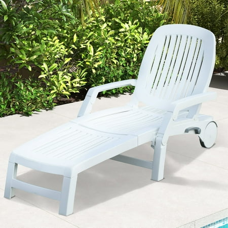 Dextrus Adjustable Backrest Lounge Chair, Foldable Poolside Lounger with 6 Positions and Wheels, Lightweight, Waterproof, and Easy Assembly for Patio, Beach - White