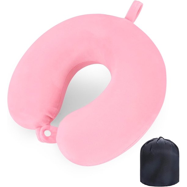 Almohada de viaje rosa, almohada para el cuello, almohada de viaje de espuma viscoelástica, cojín de apoyo adecuado para el compartimento del tren del avión, almohada de vuelo esencial para viajes d