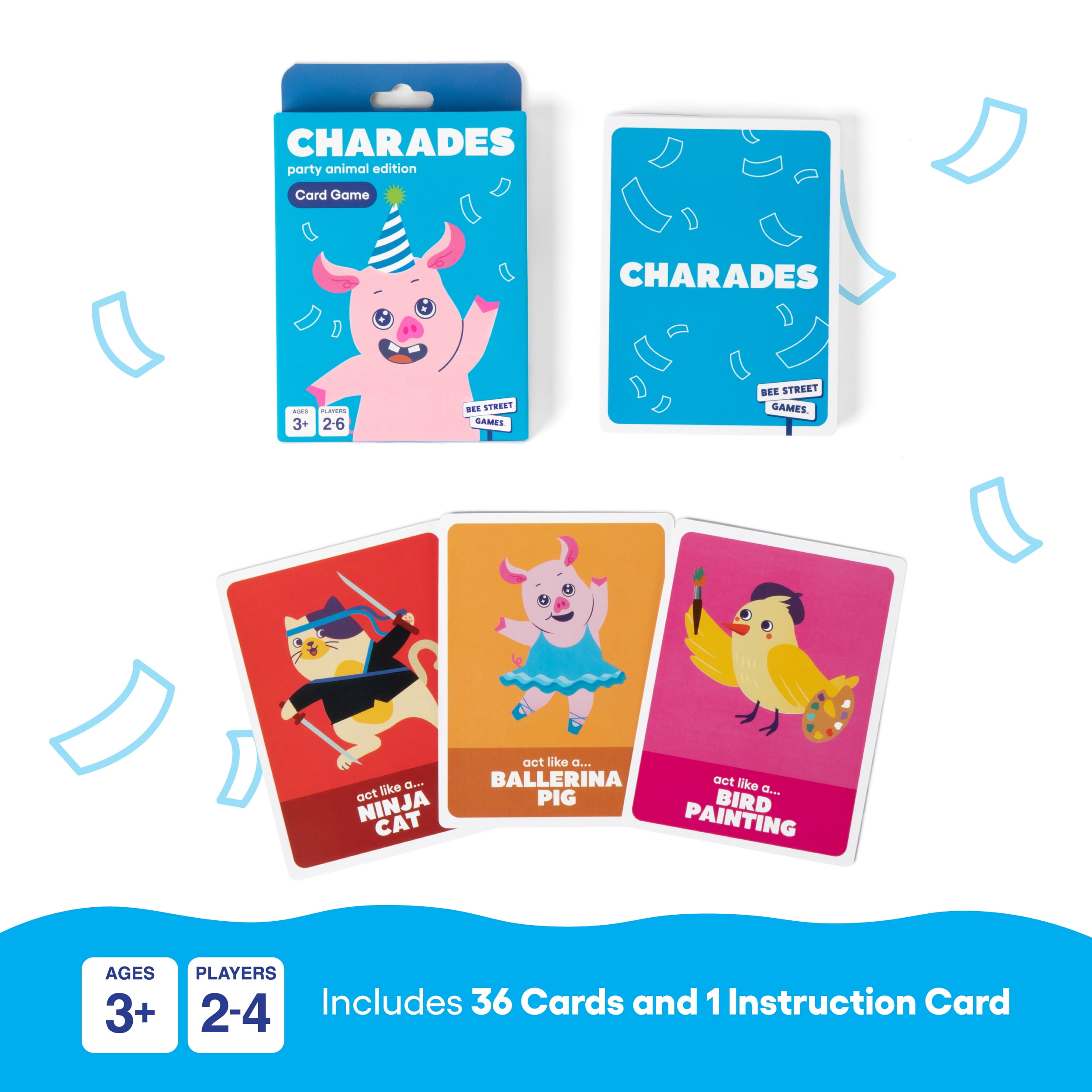 Charades, Party Animal Edition from Bee Street Games, Classic Family Games Reimagined with Playful Silly Themes, Includes 36 Jumbo Playing Cards.