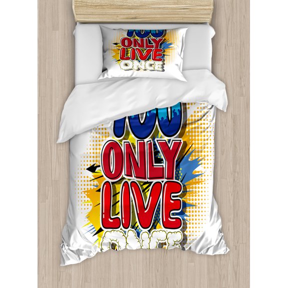 YOLO Twin Size Duvet Cover Set, Cartoon Style Life Message Comic Book Style Letters on Paint Splashes and Halftone, Decorative 2 Piece Bedding Set with 1 Pillow Sham, Multicolor, by Ambesonne