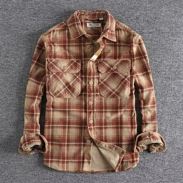 Blusa y camisa de manga larga con cuello vuelto para hombre, estilo vintage, con botones y bolsillos, a cuadros, de algodón.