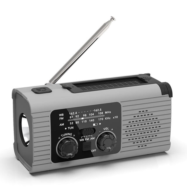 Radio d'Urgence à Manivelle Multifonction AM/FM/Solaire Alarme SOS 4000mah Gris